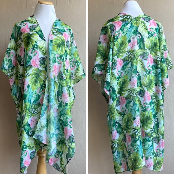 Sweaters - Tropical Leaf Flamingo Print Open Front Kimono Summer Beachy
